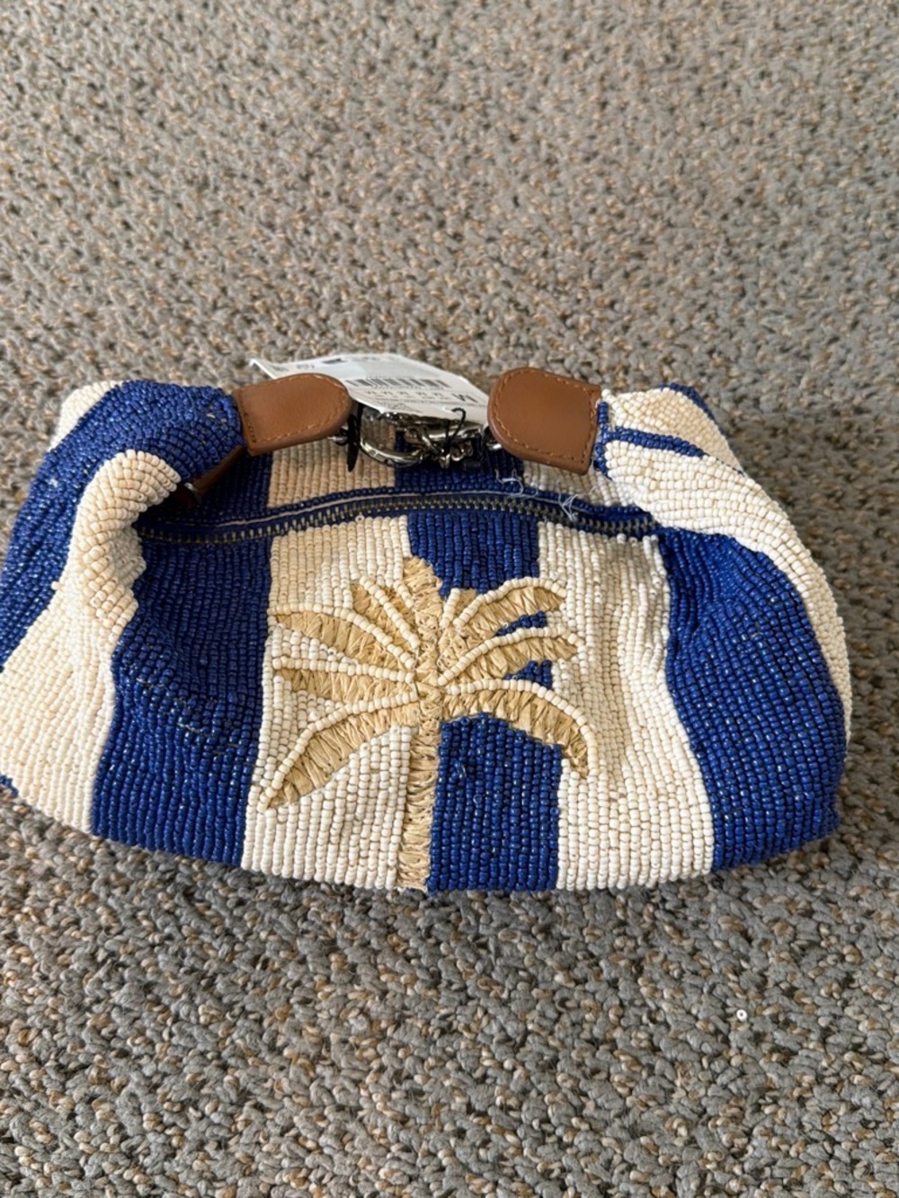 Hand-Beaded Blue and Cream Palm Tree Clutch